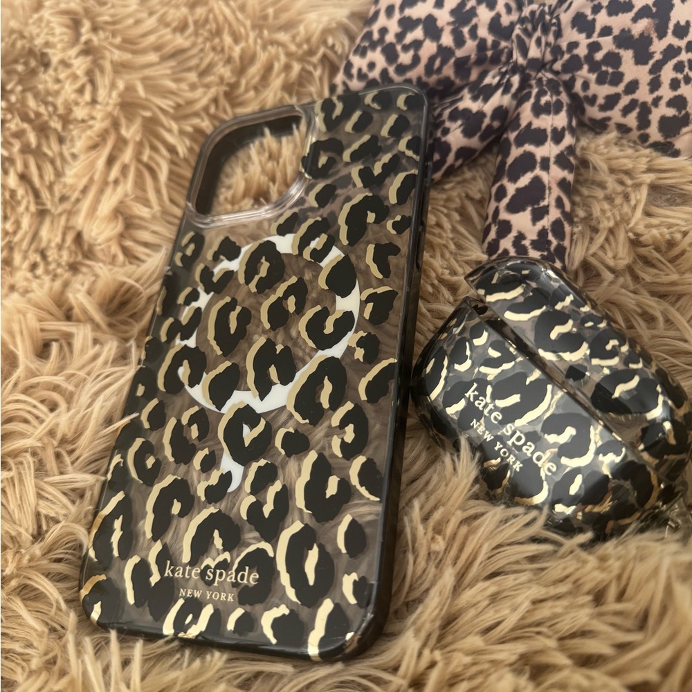 Kate Spade Black and Gold Leopard Phone and AirPods Case Set